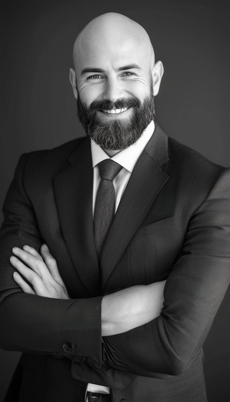 Handsome bald man with medium size beard with business suit and no tie, crossing his arms, smiling at camera in black and white