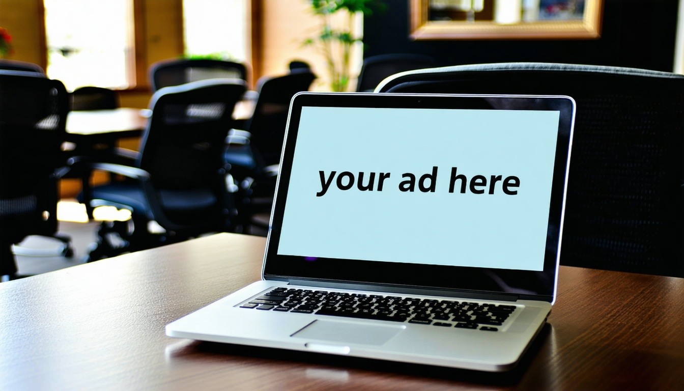 fancy clip art style pic of laptop in a swank office and the screen on the laptop says your ad here-1 fancy clip art style pic of laptop in a swank office and the screen on the laptop says your ad here-1